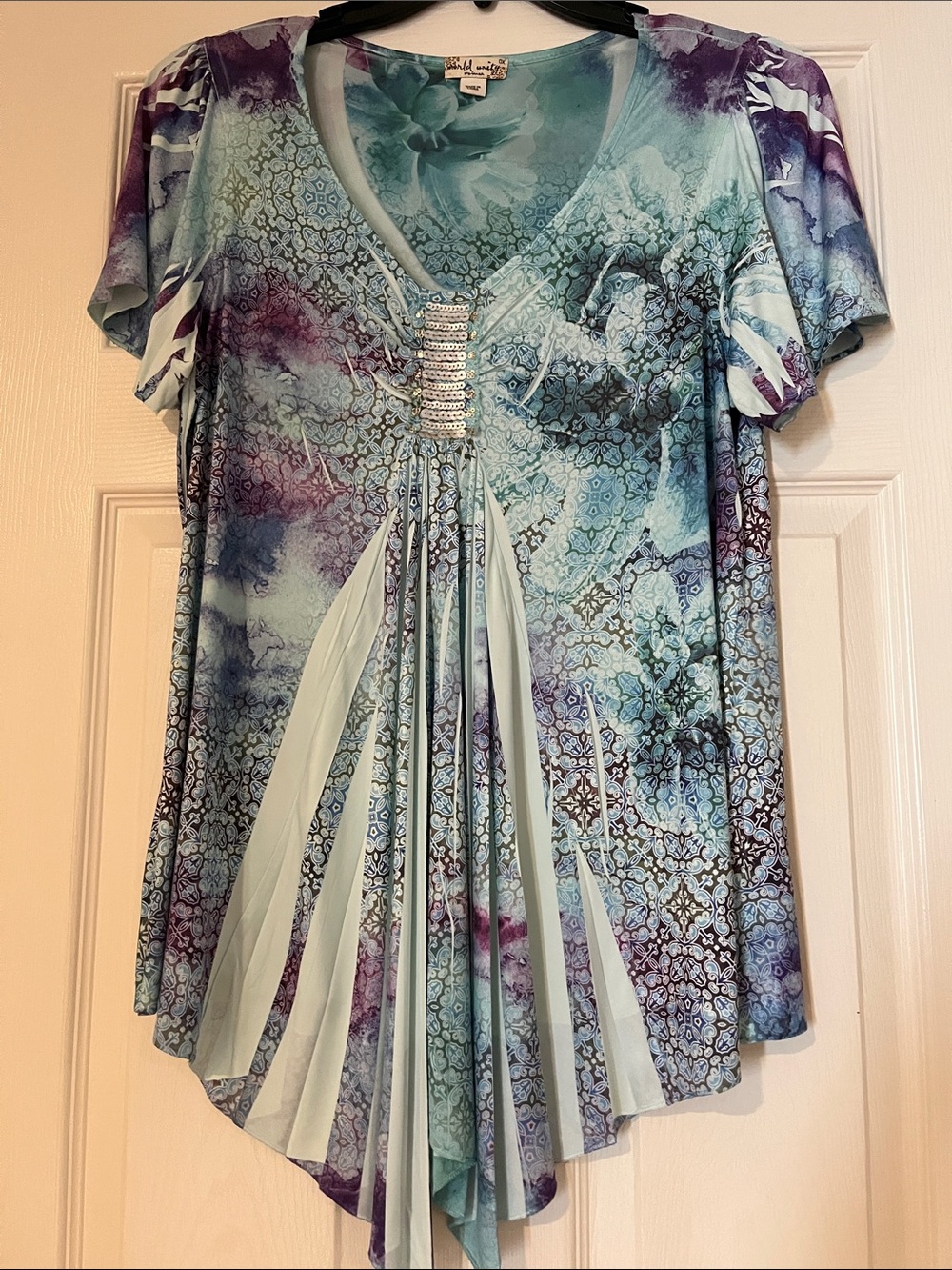 World Unity Blue & Purple V-Neck Pleated Tunic with Rhinestone Detail